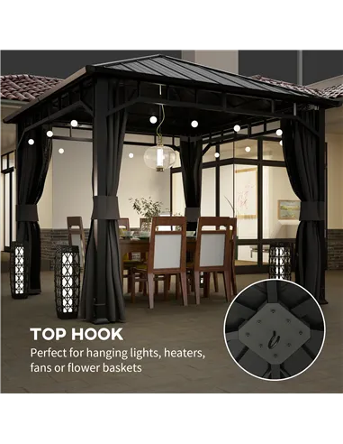 Outsunny 3 x 3(m) Hardtop Gazebo with Galvanised Steel Roof and Water Gutter, Waterproof Permanent Pavilion Garden Gazebo with N