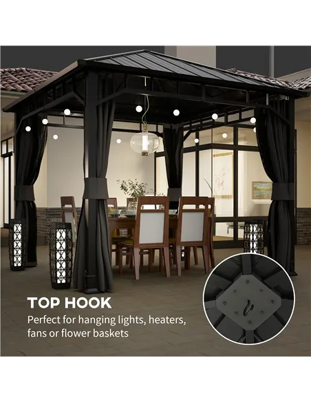 Outsunny 3 x 3(m) Hardtop Gazebo with Galvanised Steel Roof and Water Gutter, Waterproof Permanent Pavilion Garden Gazebo with N