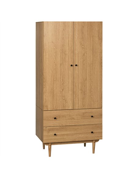 HOMCOM Wardrobe with 2 Doors, 2 Drawers, Hanging Rail for Bedroom Clothes Storage Organiser, 80x52x180cm, Natural Tone