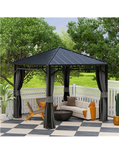 Outsunny 3 x 3(m) Hardtop Gazebo with Galvanised Steel Roof and Water Gutter, Waterproof Permanent Pavilion Garden Gazebo with N