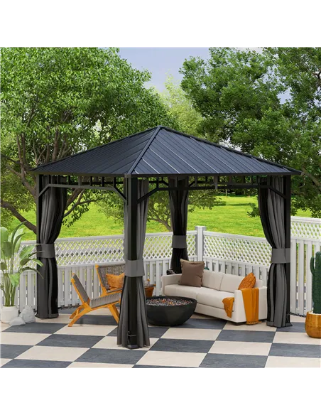 Outsunny 3 x 3(m) Hardtop Gazebo with Galvanised Steel Roof and Water Gutter, Waterproof Permanent Pavilion Garden Gazebo with N