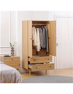 HOMCOM Wardrobe with 2 Doors, 2 Drawers, Hanging Rail for Bedroom Clothes Storage Organiser, 80x52x180cm, Natural Tone 2