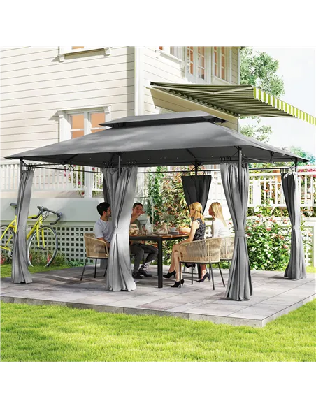 Outsunny 3 x 4m Metal Frame, Two-Tier Roof Gazebo - Dark Grey