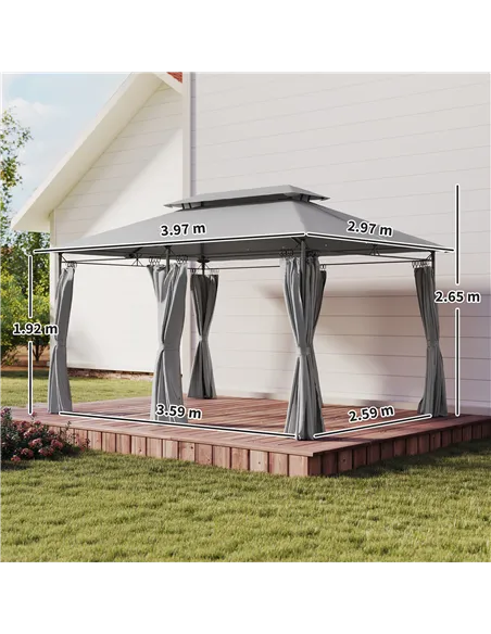 Outsunny 3 x 4m Metal Frame, Two-Tier Roof Gazebo - Dark Grey