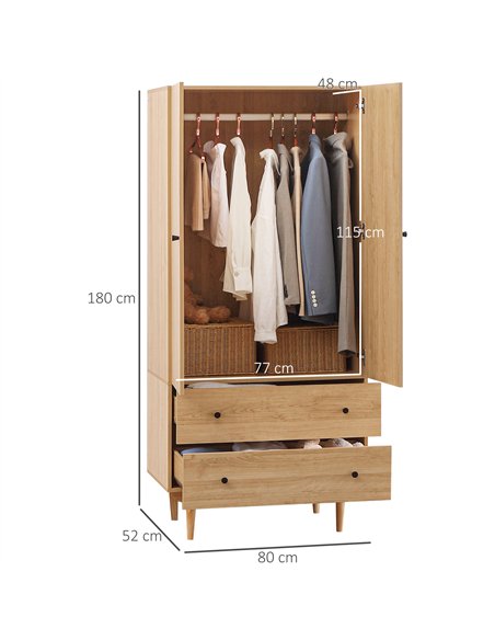 HOMCOM Wardrobe with 2 Doors, 2 Drawers, Hanging Rail for Bedroom Clothes Storage Organiser, 80x52x180cm, Natural Tone