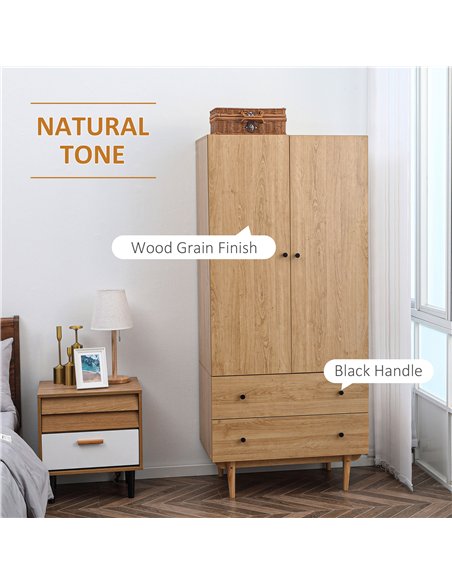 HOMCOM Wardrobe with 2 Doors, 2 Drawers, Hanging Rail for Bedroom Clothes Storage Organiser, 80x52x180cm, Natural Tone