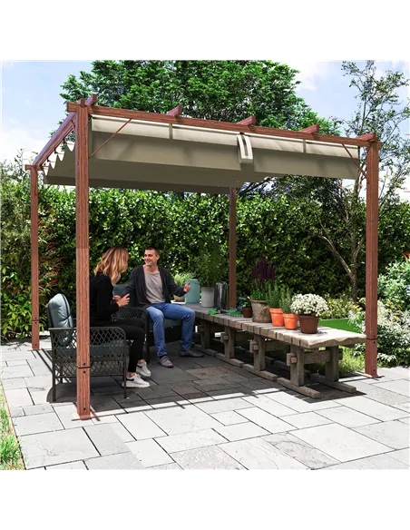 Outsunny 3 x 3 m Retractable Roof Pergola - Natural Wood Finish