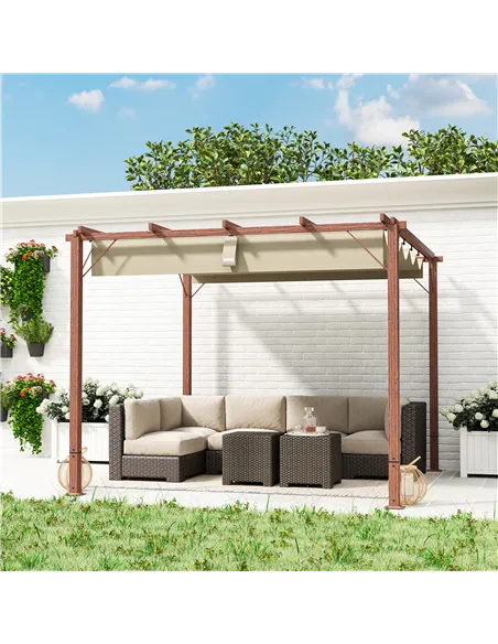 Outsunny 3 x 3 m Retractable Roof Pergola - Natural Wood Finish