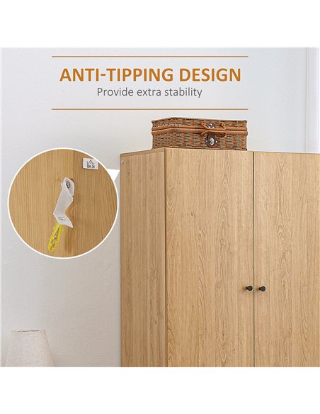 HOMCOM Wardrobe with 2 Doors, 2 Drawers, Hanging Rail for Bedroom Clothes Storage Organiser, 80x52x180cm, Natural Tone