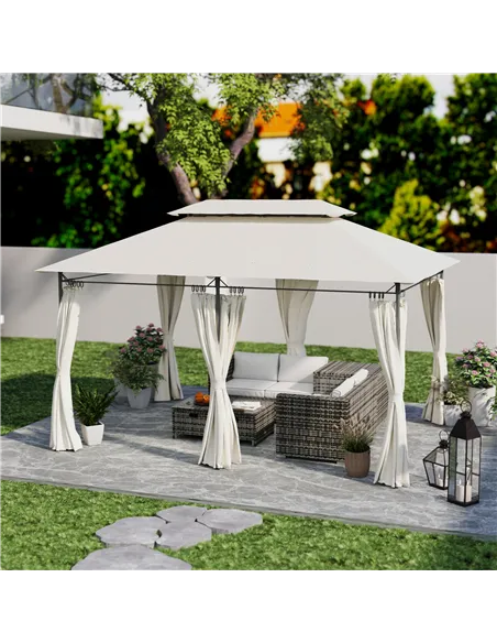 Outsunny 3 x 4m Metal Frame, Two-Tier Roof Gazebo - Cream White