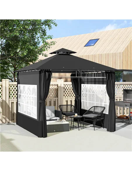 Outsunny 3 x 3 m Garden Gazebo, Double Roof Metal Gazebo with Removable Sidewalls and Church Windows, Outdoor Canopy Shelter, Bl