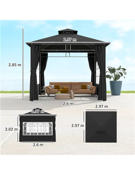 Outsunny 3 x 3 m Garden Gazebo, Double Roof Metal Gazebo with Removable Sidewalls and Church Windows, Outdoor Canopy Shelter, Bl