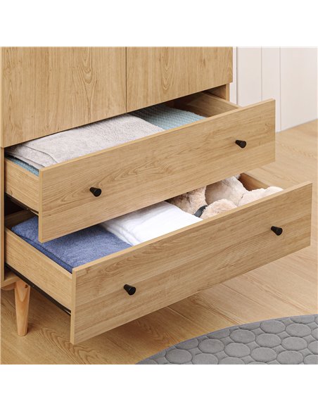 HOMCOM Wardrobe with 2 Doors, 2 Drawers, Hanging Rail for Bedroom Clothes Storage Organiser, 80x52x180cm, Natural Tone