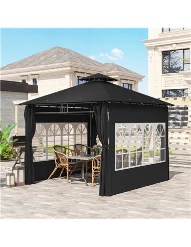 Outsunny 3 x 3 m Garden Gazebo, Double Roof Metal Gazebo with Removable Sidewalls and Church Windows, Outdoor Canopy Shelter, Bl
