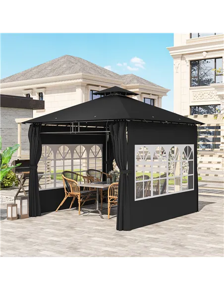 Outsunny 3 x 3 m Garden Gazebo, Double Roof Metal Gazebo with Removable Sidewalls and Church Windows, Outdoor Canopy Shelter, Bl