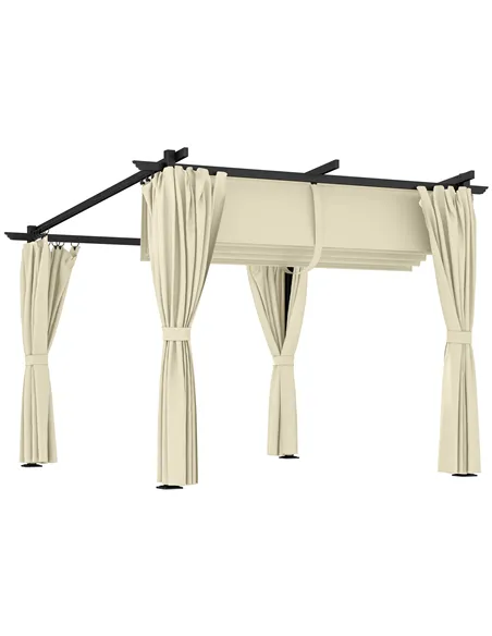 Outsunny 3 x 3 m Retractable Roof Pergola, with Curtains - Beige