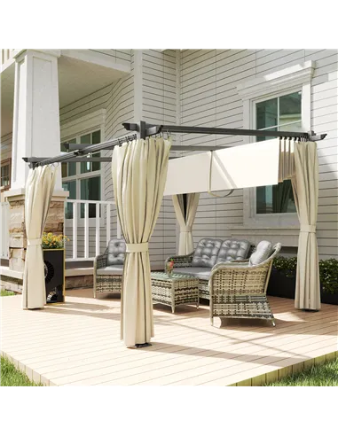 Outsunny 3 x 3 m Retractable Roof Pergola, with Curtains - Beige