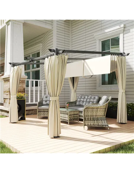 Outsunny 3 x 3 m Retractable Roof Pergola, with Curtains - Beige