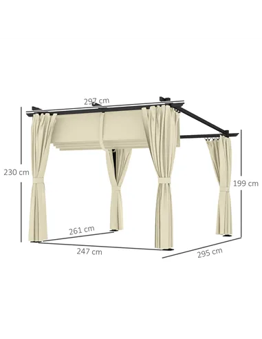 Outsunny 3 x 3 m Retractable Roof Pergola, with Curtains - Beige