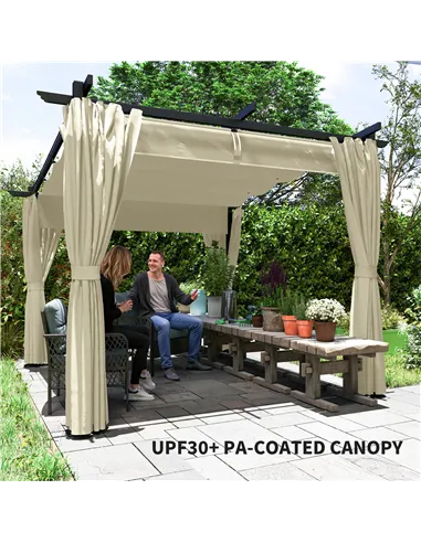 Outsunny 3 x 3 m Retractable Roof Pergola, with Curtains - Beige