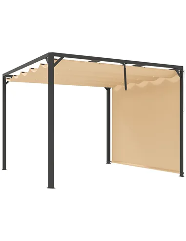 Outsunny 3 x 3m Aluminium Pergola, with Retractable Roof and Wall - Khaki