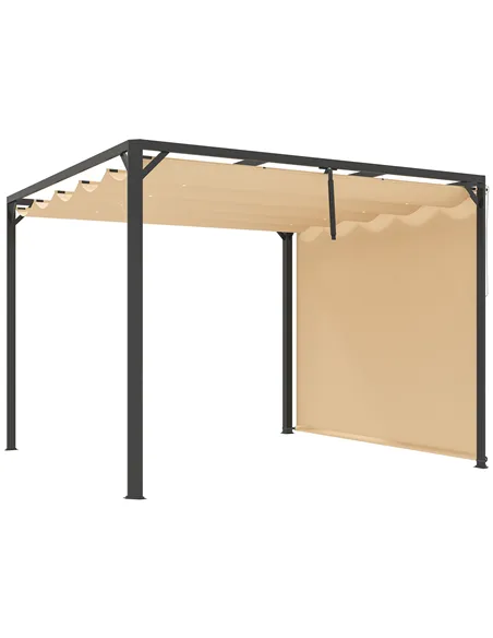 Outsunny 3 x 3m Aluminium Pergola, with Retractable Roof and Wall - Khaki