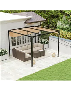 Outsunny 3 x 3m Aluminium Pergola, with Retractable Roof and Wall - Khaki 2