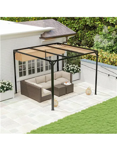 Outsunny 3 x 3m Aluminium Pergola, with Retractable Roof and Wall - Khaki