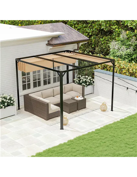 Outsunny 3 x 3m Aluminium Pergola, with Retractable Roof and Wall - Khaki