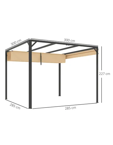 Outsunny 3 x 3m Aluminium Pergola, with Retractable Roof and Wall - Khaki