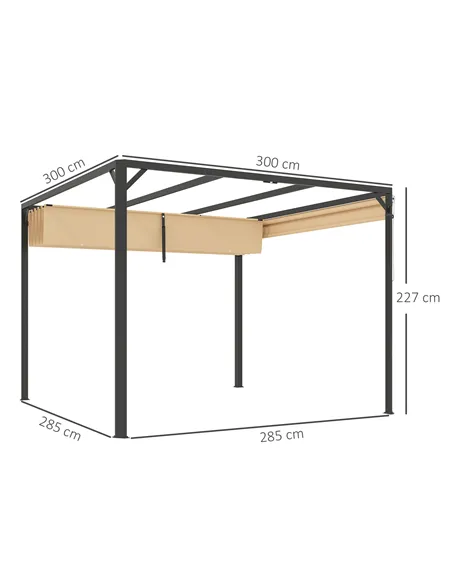 Outsunny 3 x 3m Aluminium Pergola, with Retractable Roof and Wall - Khaki