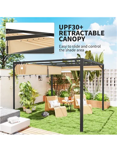 Outsunny 3 x 3m Aluminium Pergola, with Retractable Roof and Wall - Khaki
