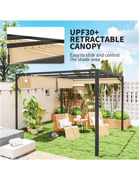 Outsunny 3 x 3m Aluminium Pergola, with Retractable Roof and Wall - Khaki