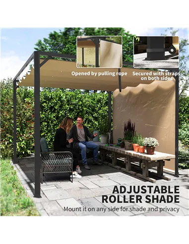 Outsunny 3 x 3m Aluminium Pergola, with Retractable Roof and Wall - Khaki