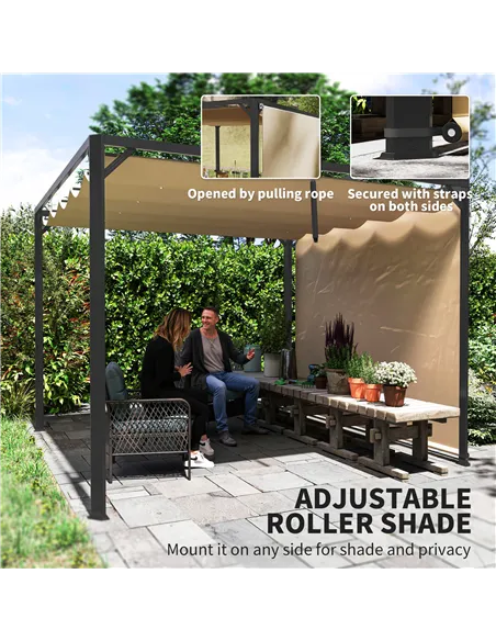Outsunny 3 x 3m Aluminium Pergola, with Retractable Roof and Wall - Khaki