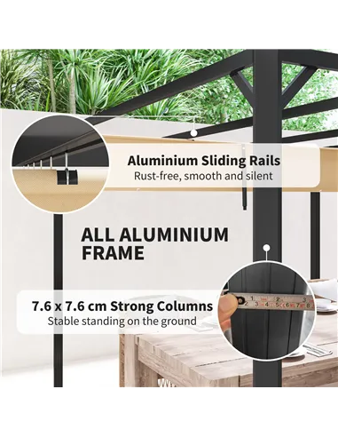 Outsunny 3 x 3m Aluminium Pergola, with Retractable Roof and Wall - Khaki
