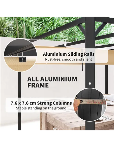 Outsunny 3 x 3m Aluminium Pergola, with Retractable Roof and Wall - Khaki