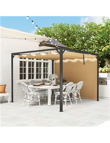 Outsunny 3 x 3m Aluminium Pergola, with Retractable Roof and Wall - Khaki