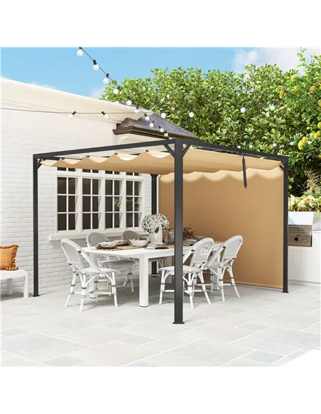 Outsunny 3 x 3m Aluminium Pergola, with Retractable Roof and Wall - Khaki