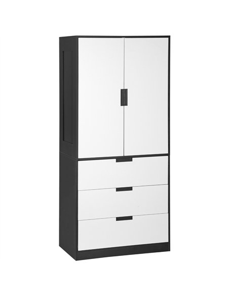 HOMCOM 2 Door Wardrobe, Modern Wardrobe with 3 Drawers and Hanging Rod for Bedroom, Black