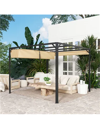 Outsunny 3 x 3m Aluminium Pergola, with Retractable Roof and Wall - Khaki