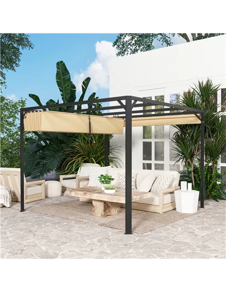 Outsunny 3 x 3m Aluminium Pergola, with Retractable Roof and Wall - Khaki