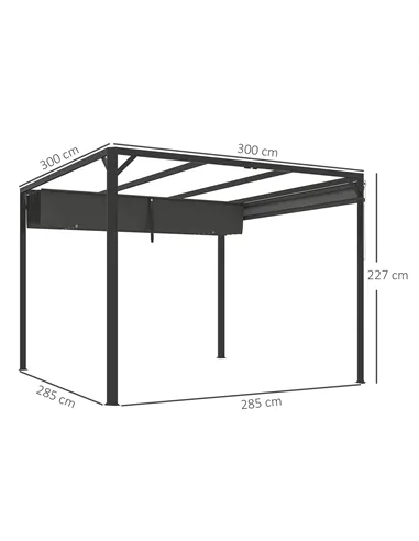 Outsunny 3 x 3m Aluminium Pergola, with Retractable Roof and Wall - Dark Grey