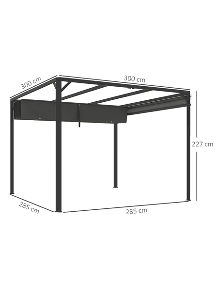 Outsunny 3 x 3m Aluminium Pergola, with Retractable Roof and Wall - Dark Grey