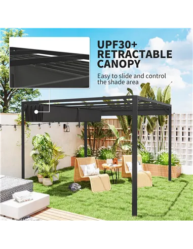 Outsunny 3 x 3m Aluminium Pergola, with Retractable Roof and Wall - Dark Grey