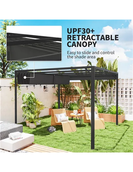 Outsunny 3 x 3m Aluminium Pergola, with Retractable Roof and Wall - Dark Grey
