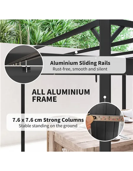 Outsunny 3 x 3m Aluminium Pergola, with Retractable Roof and Wall - Dark Grey