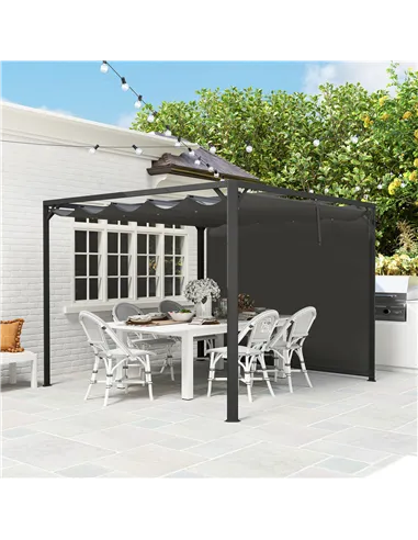 Outsunny 3 x 3m Aluminium Pergola, with Retractable Roof and Wall - Dark Grey