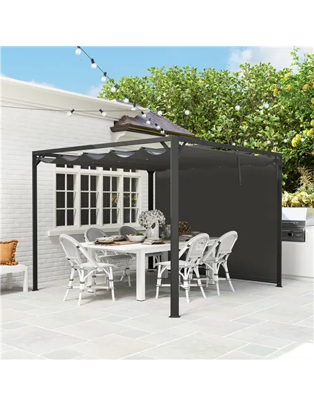 Outsunny 3 x 3m Aluminium Pergola, with Retractable Roof and Wall - Dark Grey