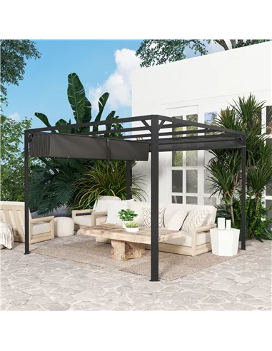 Outsunny 3 x 3m Aluminium Pergola, with Retractable Roof and Wall - Dark Grey